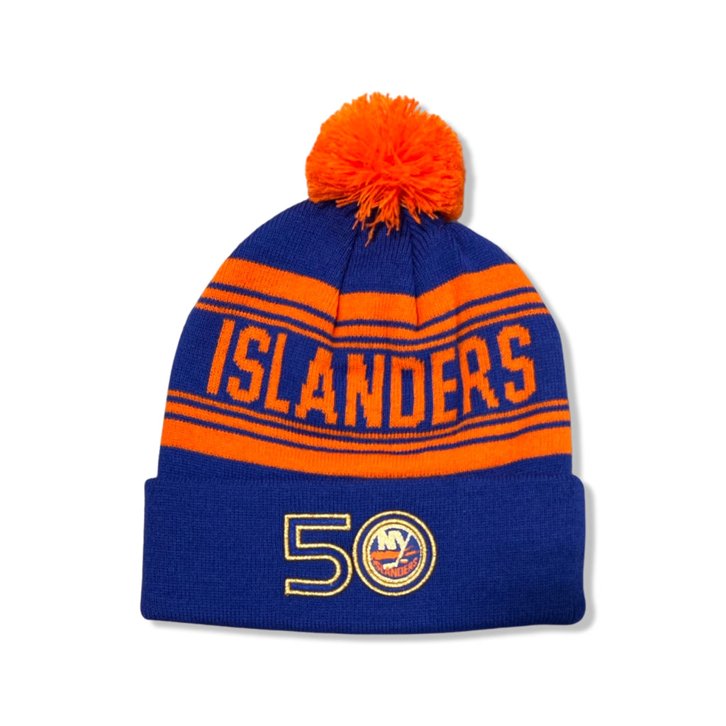 Blue with orange accents, 'ISLANDERS' text, and the 50th-anniversary logo.