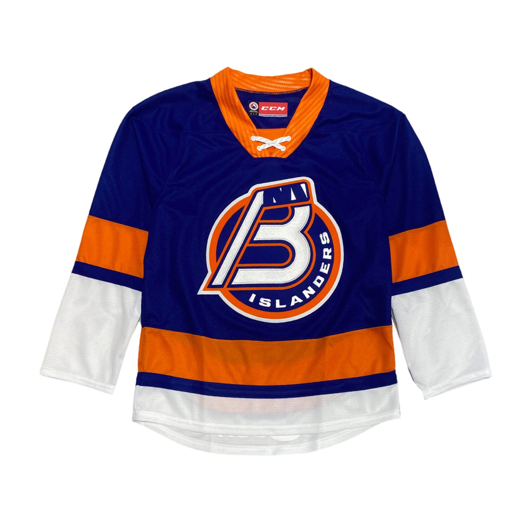 Bridgeport Islanders blue home jersey with orange and white stripe made by CCM