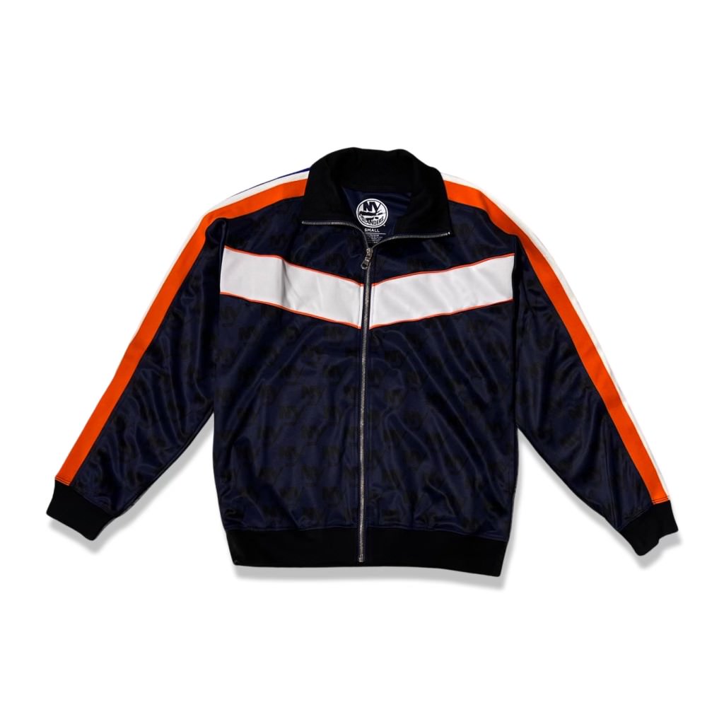 New York Islanders monogram navy chevron track with white and orange stripe